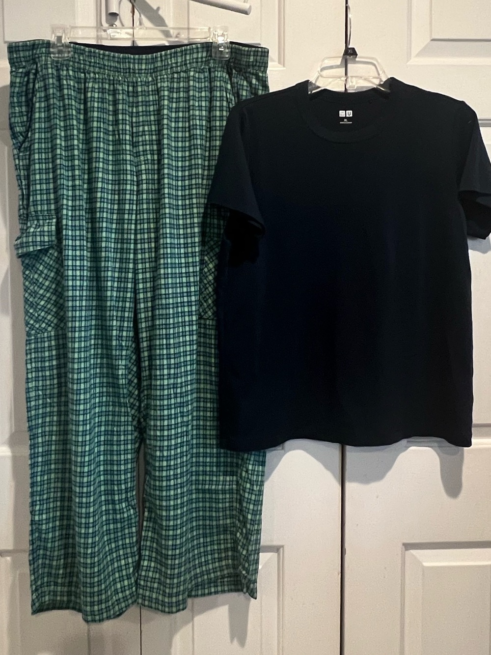 2 Pc PJ Set💙💚aerie Blue & Green Plaid Wide-Leg Cargo Lounge Pants w Navy Tee